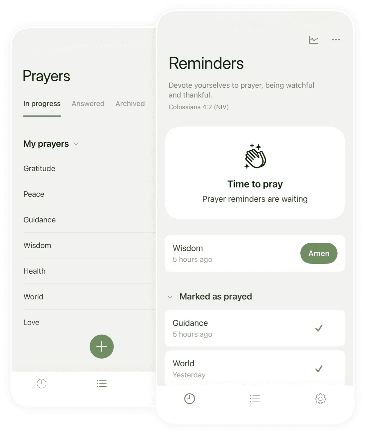 Two Prayminder screens: a list of prayers, and the reminders screen with prayers marked as prayed