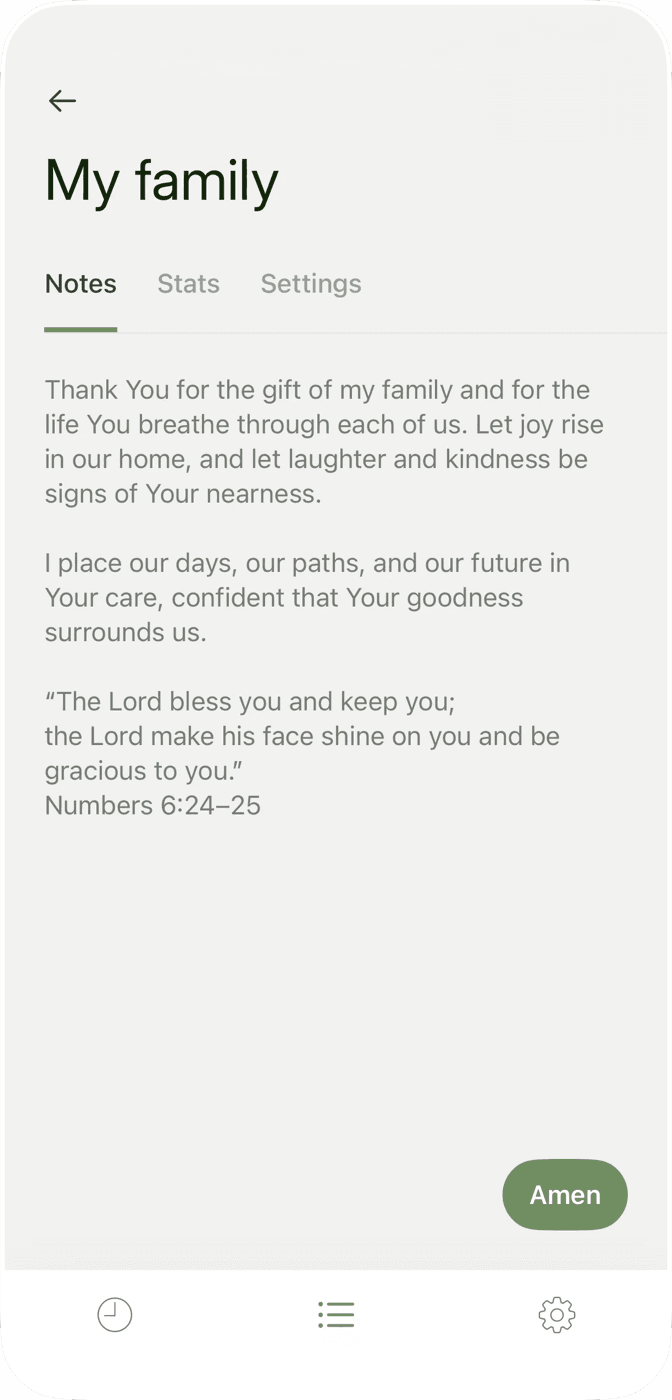 A prayer named My family in Prayminder, with its notes open
